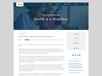 Podcast site concept audio player health medical meta podcast story transcript uf health web design website