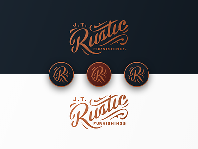JT Rustic Furnishings Branding badge brand branding furniture lettering logo logo mark monogram r rustic script