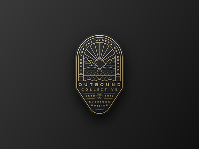 Outbound Collective - The Horizon badge brand branding camp explore gold hike horizon illustration line moutains ocean outdoors sky sun surf tree