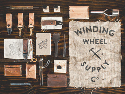 Winding Wheel Supply Co brand branding company design design by diamond hand script leather lettering logo script typography winding wheel supply co
