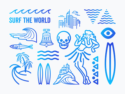 Surf the world elements beach fish gradient icon illustration logo mark palmtree skull surf
