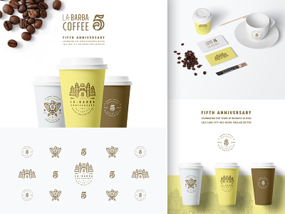 La Barba 5 Year Anniversary Branding 5 bird brand coffee gold illustration layout logo typography yellow