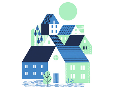 Full moon blue digital illustration geometic houses illustration landscape mint peaceful village