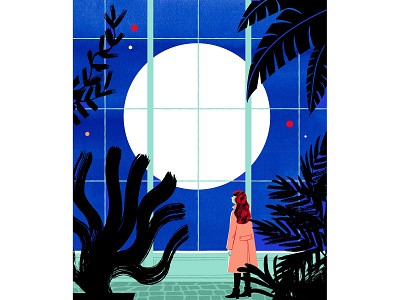 The Moon blue brushes digital illustration green house illustration ink looking moon shadows woman