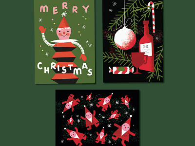 Red, Green and Black Christmas black card design christmas christmas card elves green illustration mulled wine red retro