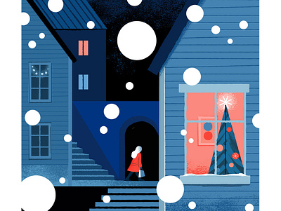 Towards the holidays blue christmas christmas tree digital illustration finland illustration light nordic peaceful snow townscape