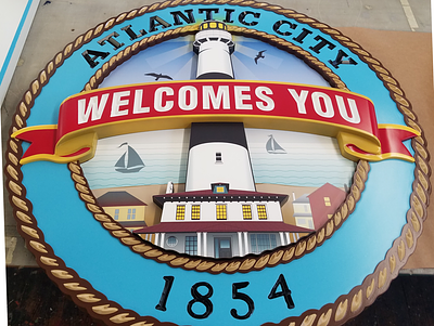 Atlantic City Welcomes You - Environmental Signage absecon art direction atlantic city banner beach blue community environmental signage lighthouse ocean outdoors red rope round sand sea signage summer teal welcome