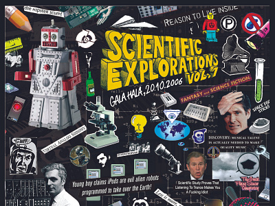 Flyer for Scientific Explorations, an electronic music event art collage design event branding event flyer gig flyer illustration mixed media montage music