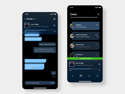 music player + message - UI concept chat app chatting daily 100 challenge daily ui dailyuichallenge dark mode dark ui inbox message app messaging messenger mobile ui music app social social media ui ux