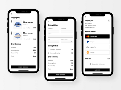 sneaker shop app - checkout exploration add to bag add to cart cart cart ui checkout checkout flow checkout page checkout process e commerce ecommerce ecommerce app mobile app online shop online store order payment product design shopping shopping bag ui