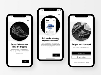 sneaker shop app - onboarding exploration dailyui e commerce ecommerce app minimal mobile mobile app mobile ui onboarding onboarding ui online shop online store shoes app sign in signup typogaphy ui ux walkthrough walkthroughs