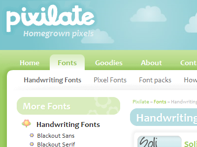 Pixilate.com clouds cute fonts navigation tabs type website