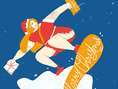 Merry Christmas 2020 christmas christmas card christmas flyer digital art digital illustration drawing girl holiday card holidays illustration merry xmas presents procreate santa santa claus snowboard woman xmas