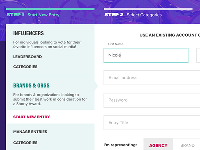 Shorty Awards App Refresh awards categories checkout entries form forms overlay purple signup teal toggle ui design