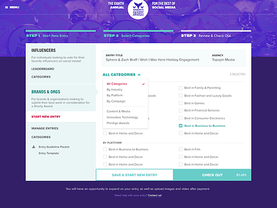 Shorty Awards App UI – Entry Flow categories checkmark checkout entry flow forms pink purple teal ui