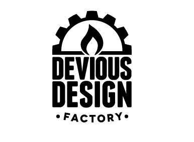 Devious Design Factory, Take #2 black and white cog design devious factory fire flame gear logo type