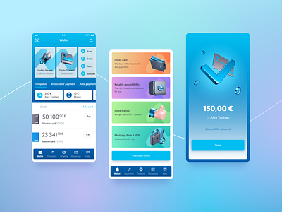 🔹 Finance Mobile App 🔹 3d app bank bankapp blue card cards concept design finance flat gradient illustration product slider success tabs typography ui ux