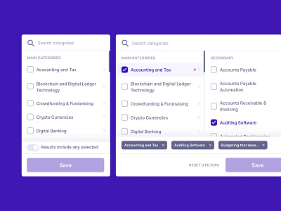 Fintechdb Filters categories database detail filtering fintech interaction startup ui ux