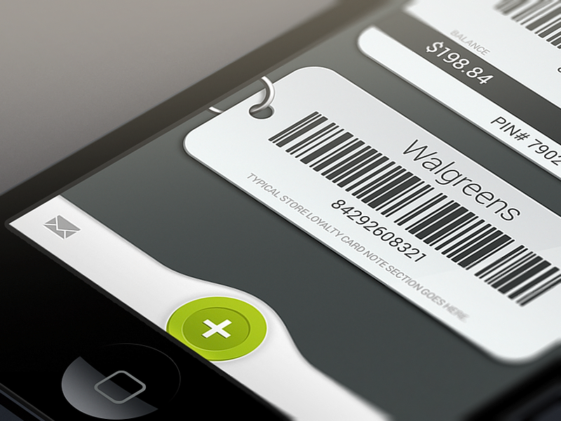 GK Cards app iphone android ios design ui ux cards strore rewards gift ring add balance pin barcode mail edit mockup shopping