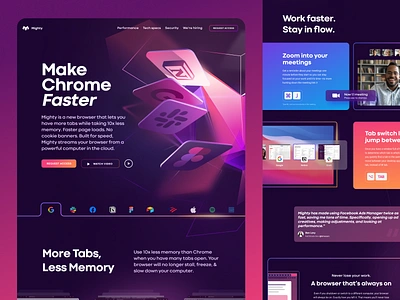 Mighty Website agency animation browser chrome computer fast figma hero icons illustrations memory mightapp mighty tabs unfold webflow website website design zoom