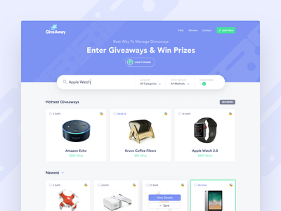 Giveaway.app Home app branding gallery giveaway listings logo prices products store unfold webapp website