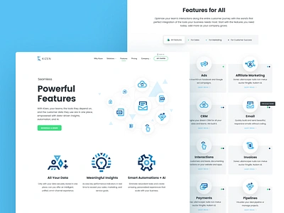 Kizen Features ai contacts crm design design agency features icons illustration kizen page team unfold web website