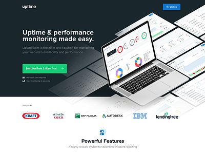 Uptime Landing v2 agency alert charts data graphs homepage landing landing page monitoring page ui ux design webdesign website
