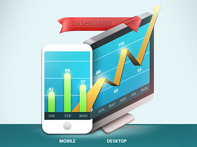 Growth Icon arrow bar blue charts cpanel custom dashboard desktop graphs growth icon illustration imac iphone mobile results ribbon track