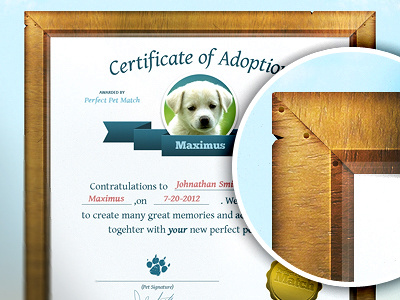 PPM Certificate adopted adoption award banner brown certificate certified custom details dog frame glass icon layout nails paw pet picture profile seal signature web website wood