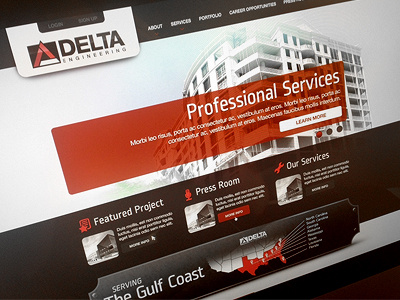 DE Home black button coast design engineering featured grey gulf header homepage icon logo menu press project red seal services shadow slider web white