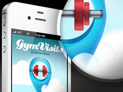 GymVisits Splash app application blue clouds dumbbell fitness fresh gps green gym icon ios iphone location logo pin red sky splash visit weights workout