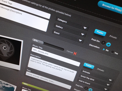 PP Upload album button cancel design drag drop dropdown form gallery photo polaroid private process public snapshot social toggle ui upload ux web website