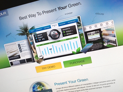Solar Landing clean cta demo design display energy features graph grass green icon landing page logo meter monitor present product promo purchace screen sky solar splash sun web website
