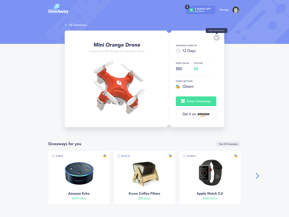 Giveaway Dashboard by David Kovalev for Unfold on Dribbble