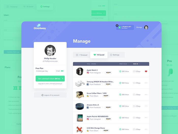 Giveaway Dashboard by David Kovalev for Unfold on Dribbble