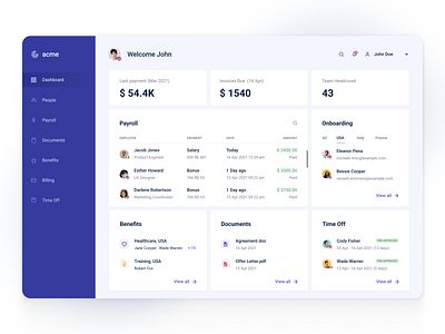 Company's overview dashboard b2b billing country dashboard dashboard design documents hr onboarding overview payroll people ptoduct design saas time off ui users