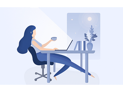 Girl working at night — illustration character cup girl illustration night person vector woman working workspace
