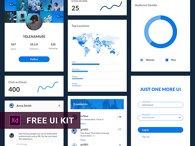 Adobe XD UI KIT Freebies bar chart comments dribbble ukraine flat free freebies graph grid instagram interface kit login pie chart profile statistic ui ui kit ux web xd