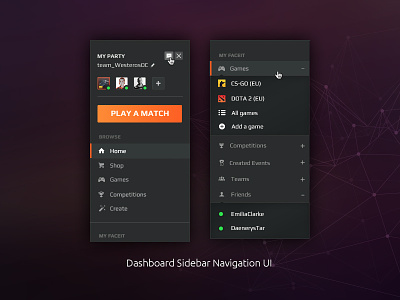 Dashboard Sidebar UI for FACEIT dashboard esports faceit first post game match navigation play sidebar ui video games
