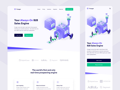Forager website b2b clean crm figma graphic design illustration landingpage match minimal pipeline sales simple ui ux violet webflow