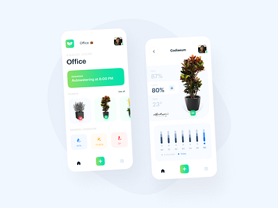 Plants Сontrol App 🌿 app cards charts clean eco green mobile mobile app plants plants app ui ux uxui white