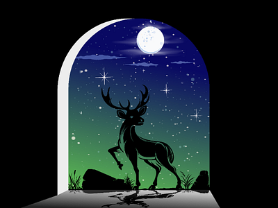 A deer seen from a dark room on a clear night animal art background black clear clearnight cloud dark deer detail grass invitation moon night room shadow star stone vector wildlife