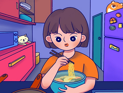 Eating instant noodles eat girl illustration painting