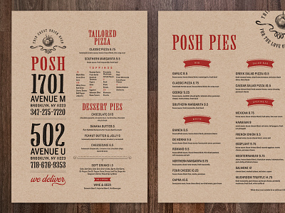 Posh Pizza Menus brand kraft menu pizza posh posh tomato restaurant texture typography