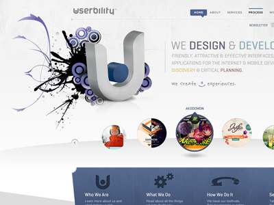 Userbility 3d 3d logo abstract agency business circles clean design firm floating grey header icons marketing purple rotator web web design website