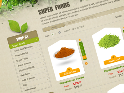 Magento Catalog Sneak Peak magento web website design ecommerce food leaves organic clean catalog green tan brown products
