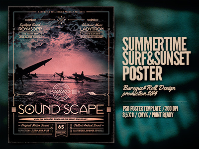 Summertime Surf & Sunset Poster design disco electro hit night on the beach party poster sound summer sunset surf
