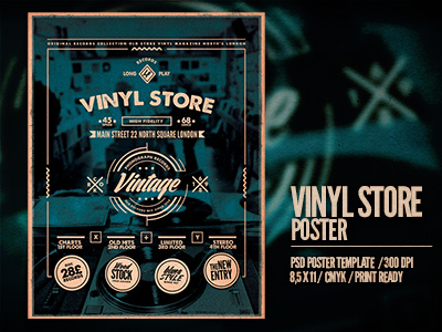 Vinyl Store Poster alternative flyer event insignia new entry old style retro label vintage poster vinyl