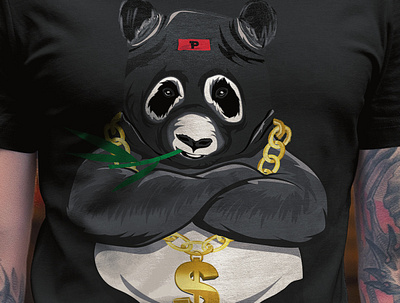 Panda T-shirt design art artwork bandit black dollar gold mask money necklace panda vector white
