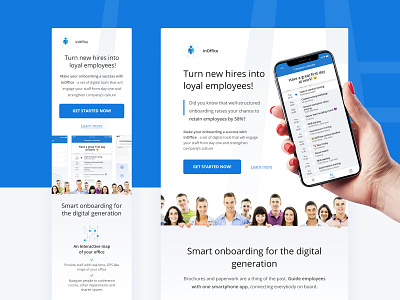 Landing page for inOffice onboarding tool calendar clean comfy employee hr landing page minimal mobile design new job office onboarding planner schedule usertive web web design